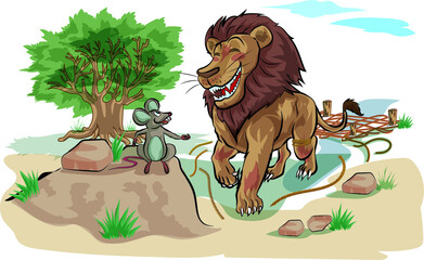 rat help the lion from trap in the jungle