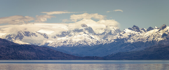 Beautiful panoramic view of the Chilean ice fields, surrounding the General Carreras lake, in the Aysén region, Patagonia, Chile