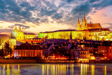 Fototapeta na wymiar View of Prague Castle and Vltava river in Prague, Czech Republic during sunset time. World famous landmark in Europe.