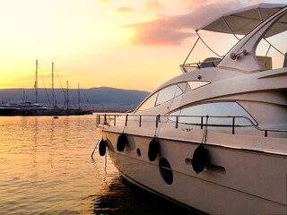 Docked luxury yacht at sunset in marina Zeas, Piraeus, Greece.
