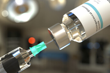 Medical bottle with meningococcal disease vaccine and syringe, 3D rendering