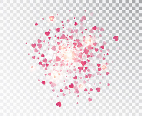 Heart confetti falling on transparent background. Valentines Day background. Heart shapes isolated on transparent background. Love concept. Vector template.