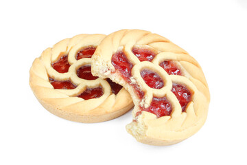 Tarts with cherry jam. Small crusty pies isolated on white background. One bitten