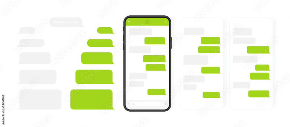 Poster social media design concept. smart phone with carousel style messenger chat screen. sms template bub