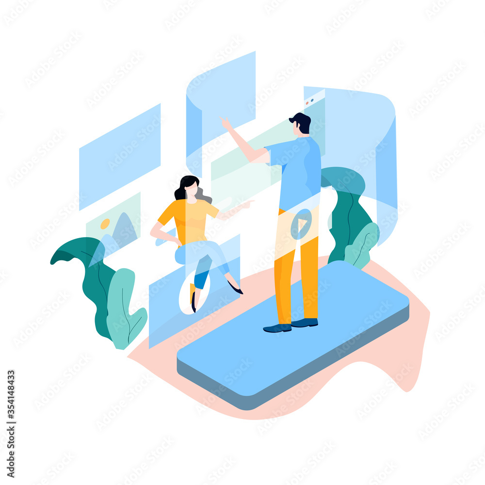 Poster digital content management, creating online content, online news flat vector illustration design for