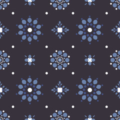 Seamless abstract vector pattern. Vintage folk print imitation printed fabric. For wear, fabric, textile, phone case, home textile. Simple pattern made up of circles on a dark background