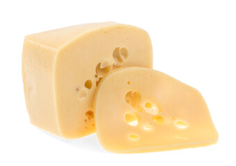 Cow cheese with holes on a white background, isolated.