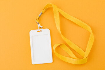 Work ID name tag. The ID of the employee. Card icons with ropes on a yellow background.