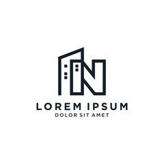 Letter N With Building For Construction Company Logo