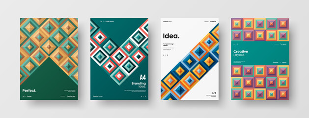 Company identity brochure template collection. Business presentation vector A4 vertical orientation front page mock up set. Corporate report cover abstract geometric illustration design layout bundle.