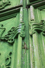 Small lizard (gecko) on an old and aged historic church door in green wood in the city of Mariana, Minas Gerais, Brazil