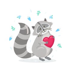 Cute raccoon holding crimson heart in hands. Pastel cartoon animal with floral background. Love concept, Valentines day. For banner, greeting card, poster, t-shirt design, print