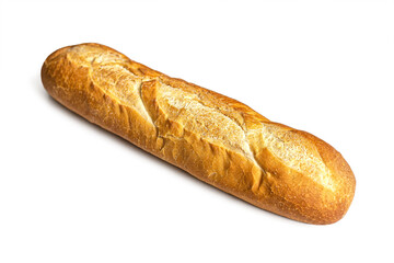 Golden crispy French baguette on a white background