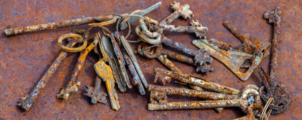 Several old rusty keys on ring shot on steel textured background