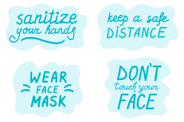 Prevention of coronavirus and flu set. Medicine and health concept. Lettering calligraphy illustration. Vector eps handwritten brush trendy blue text on sticker isolated on white background.