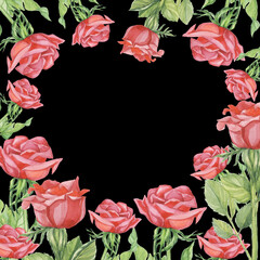 frame pattern red roses watercolor flower black background isolate object