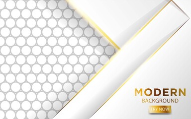 modern white overlay layers background banner design with golden lines. Realistic light effect on textured grey circle background,vector illustration.