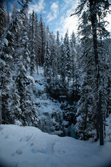 Maligne canyon covered in snow and ice in the winter in alberta