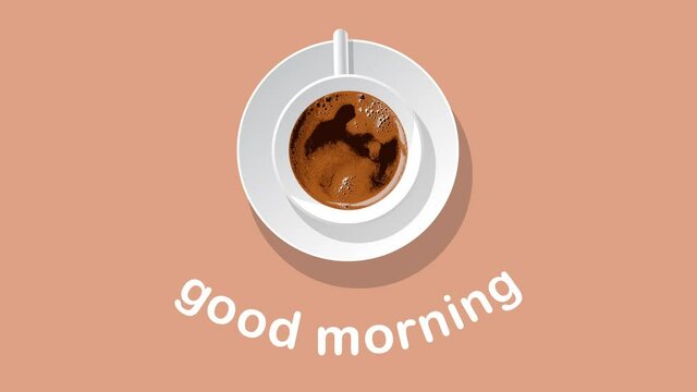 Cartoon animation of a cup of coffee on a colored background. Good morning inspiration. 