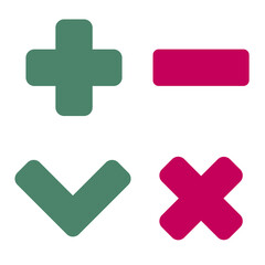 Plus minus and check mark icons flat green and red colors.