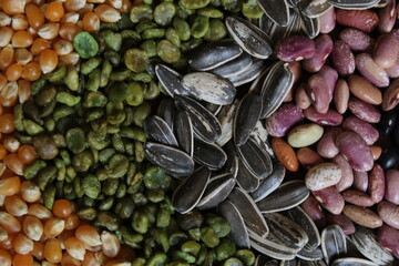 Naklejka premium Background texture pattern with sunflower seeds, popcorn kernels, black beans, pinto beans.