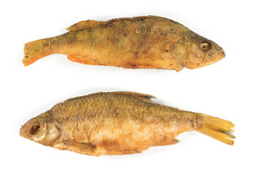 Grilled fish isolated on a white background, top view.