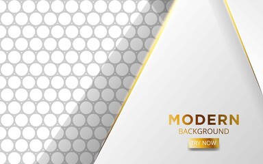 modern white overlay layers background banner design with golden lines. Realistic light effect on textured grey circle background,vector illustration.