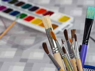 Art brushes on the background of watercolor paints. A set of watercolor paints and brushes for...