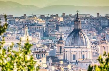 Fototapeta na wymiar Cityscape view of historic center of Rome, Italy from the Gianicolo hill during summer sunny day.