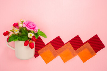 Greeting card. Romantic letter. Floral background in warm colors with space for text. Roses and raspberries in a white circle on a pink background. Bouquet in a circle and geometric shapes.