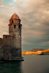 The bell tower of Collioure at sunset, Catalonia, France