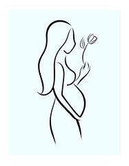 Illustration of a pregnant girl silhouette with flower in her hand, vector illustration on a flat style
