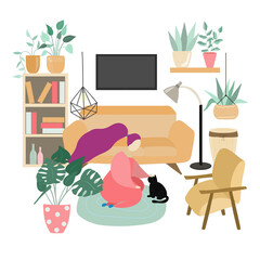Illustration of a girl stroking a black cat, room is furnished with comfortable furniture and plants; spending time at home concept, vector illustration on a flat style