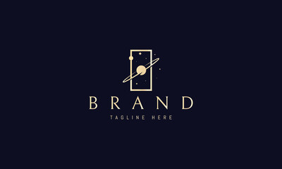 Vector golden logo on which an abstract image of space in a rectangle.