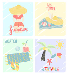 Illusstrations of summer ( beach, sea and ocean, palms, girl), vector flat illustration