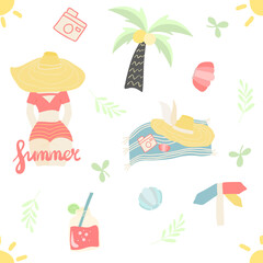 Seamless pattern of summer elements (palm, hat, shells, summer girl, floral elements, cocktails), vector illustration