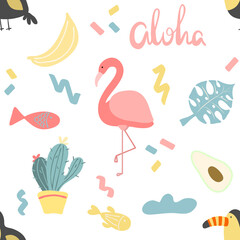 Seamless pattern of summer elements (flamingo, banana, palm leaves, cactus, avocado, toucan), vector illustration