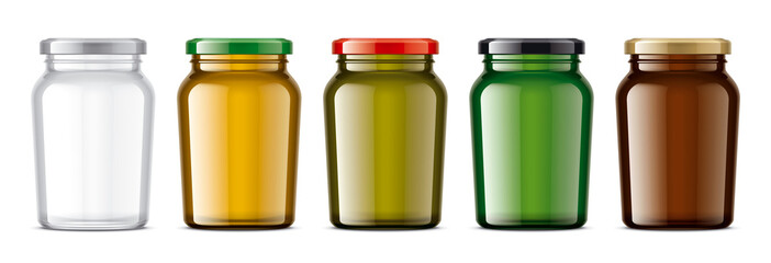 Set of Colored Glass Jars. 