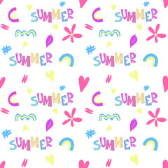 Seamless pattern of  bright inscription "Summer" with colorful abstract simple elements, vector illustration