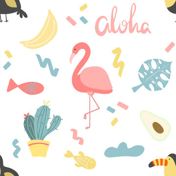 Seamless pattern of summer elements (flamingo, banana, palm leaves, cactus, avocado, toucan), vector illustration