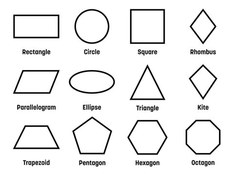 Geometric shapes with labels. Set of 12 basic shapes. Simple flat vector illustration