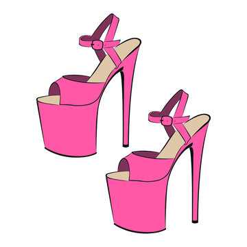 Original women's flamingo sandals in very high heels of pink color. The design is suitable for icons, fashion shows, shoe stores, exhibitions, logos, posters, stickers, prints. Isolated vector