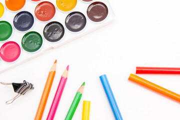 Children's Preschool Art Supplies.pencils, scissors, paints isolated on white background.Great set for kids in camp, school and kindergarten.drawing set
