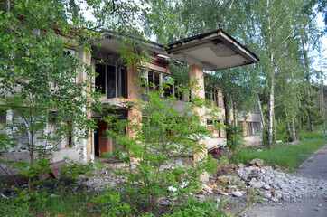 Fototapeta na wymiar Ghost town in Eastern Europe.Former Soviet kids camp.Ukraine gets rid of the consequences of communism. Ruins. Kiev Region,Ukraine