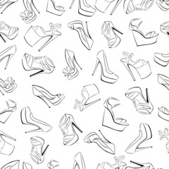Seamless pattern of shoes, high-heeled sandals and platform. Design can be used for wallpaper, textiles, fabrics, wrapping paper, print on clothes, forms for shoe boutiques. Isolated vector