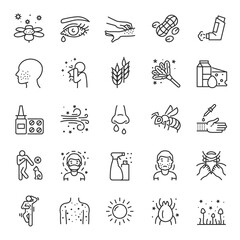 Allergies, allergic diseases, icon set. hypersensitivity of the immune system, linear icons. Allergic reaction to an allergen: food, pollen, dust, etc.Line with editable stroke