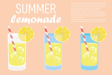Lemonade in glass glasses on a pink background, a slice of lemon and fresh lemon fruits. Advertising poster vector.