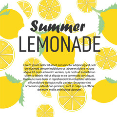 Lemons with inscription "Summer lemonade". Fresh ripe lemon vector flat illustration with lettering.