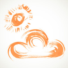 Cloud and sun painted a thick paint brush isolated on white background