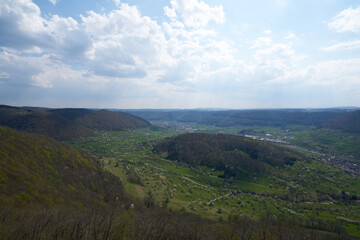 Obraz premium Lookout panoramic view in a valley of the swabian alp in south germany